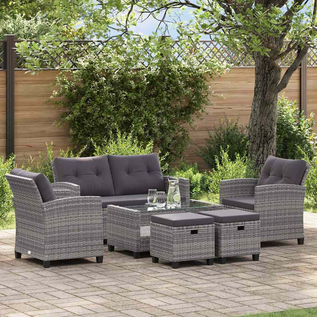 6 pezzi mobili da giardino con cuscini in resina intrecciati grigio scuro