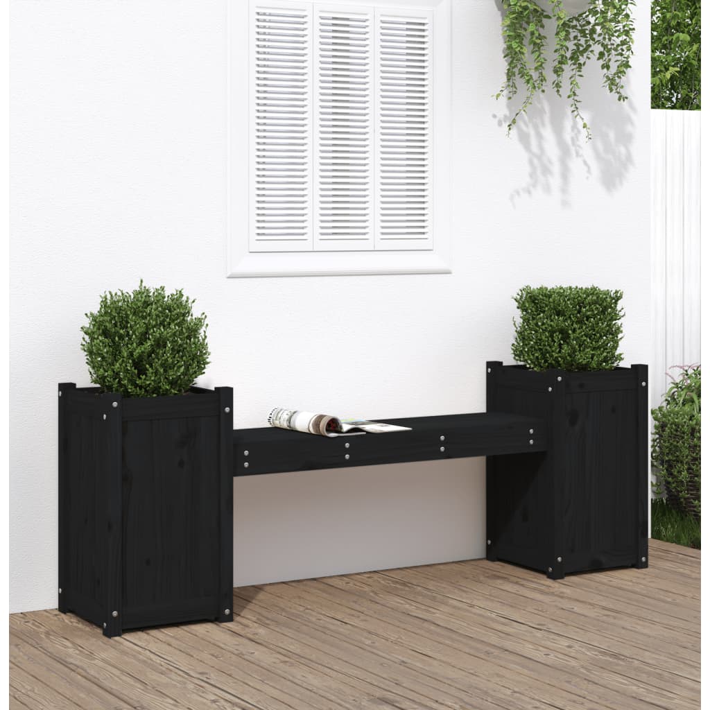 Bench with black planters 180x36x63 cm solid pine wood