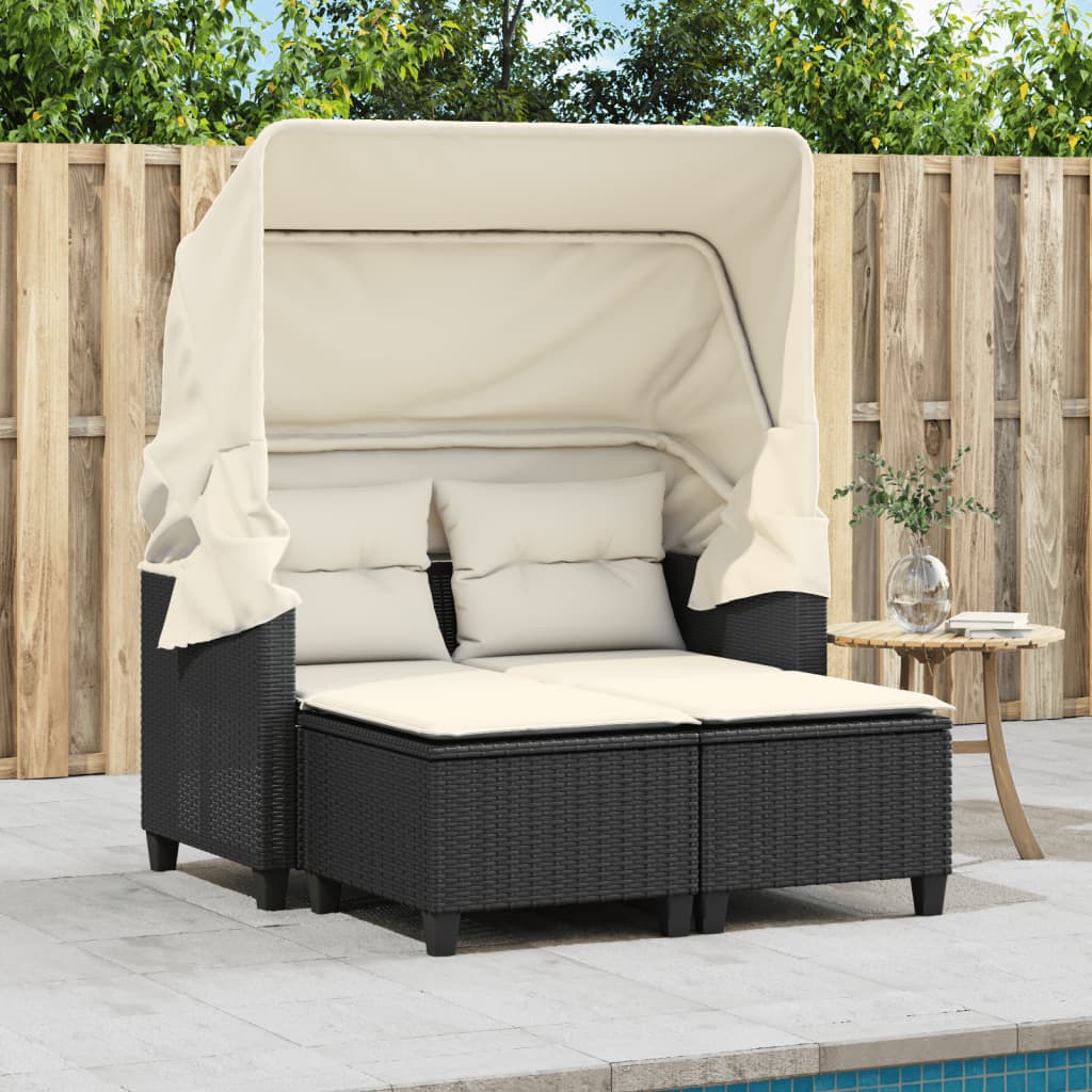 2 -seater garden sofa with wardrobe and black rattan stools