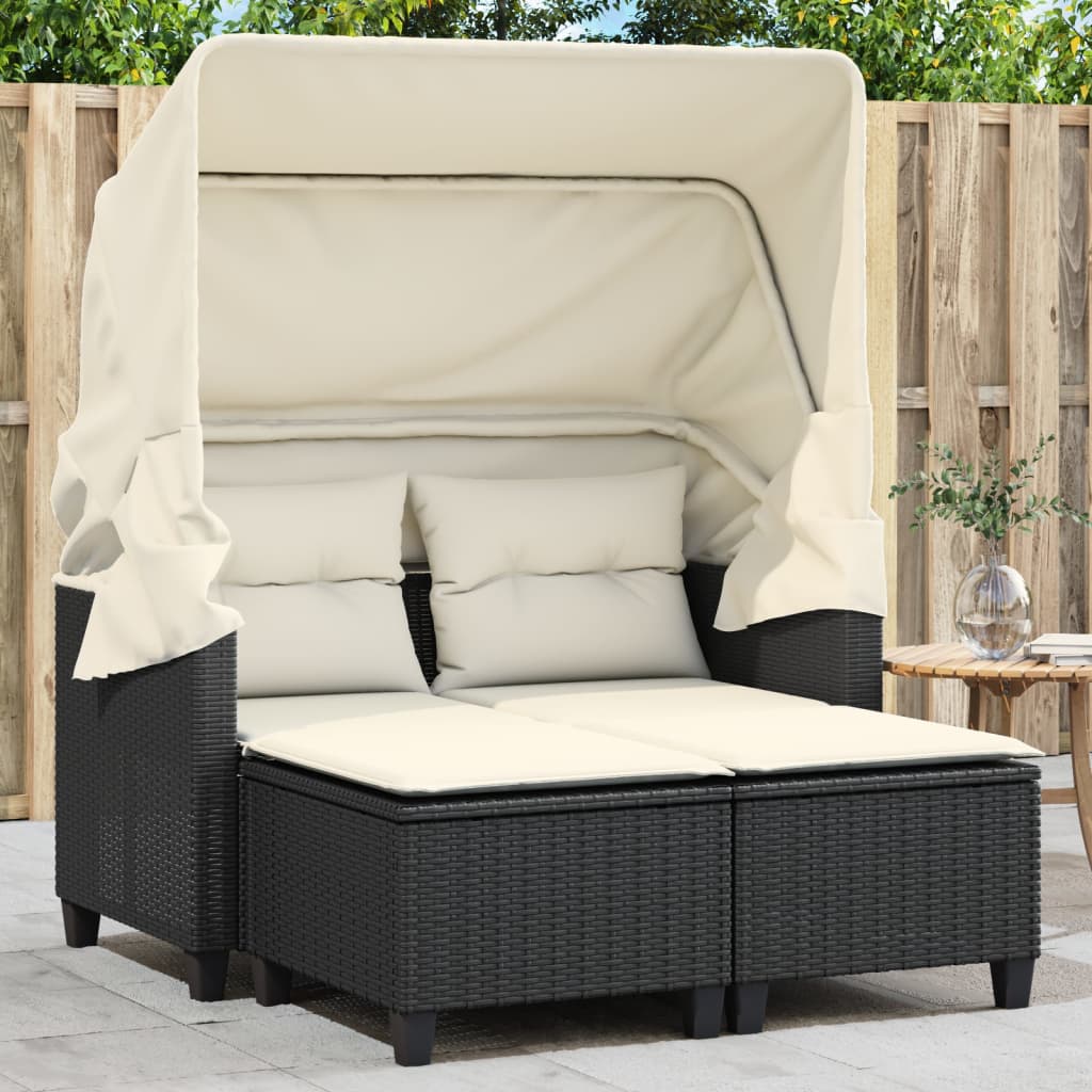 2 -seater garden sofa with wardrobe and black rattan stools