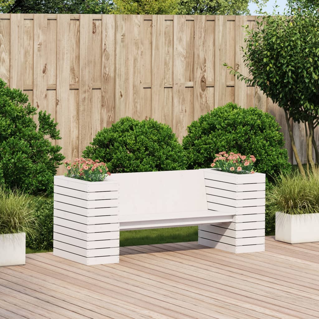 Bench with white planters 167.5x60x65 cm solid pine wood