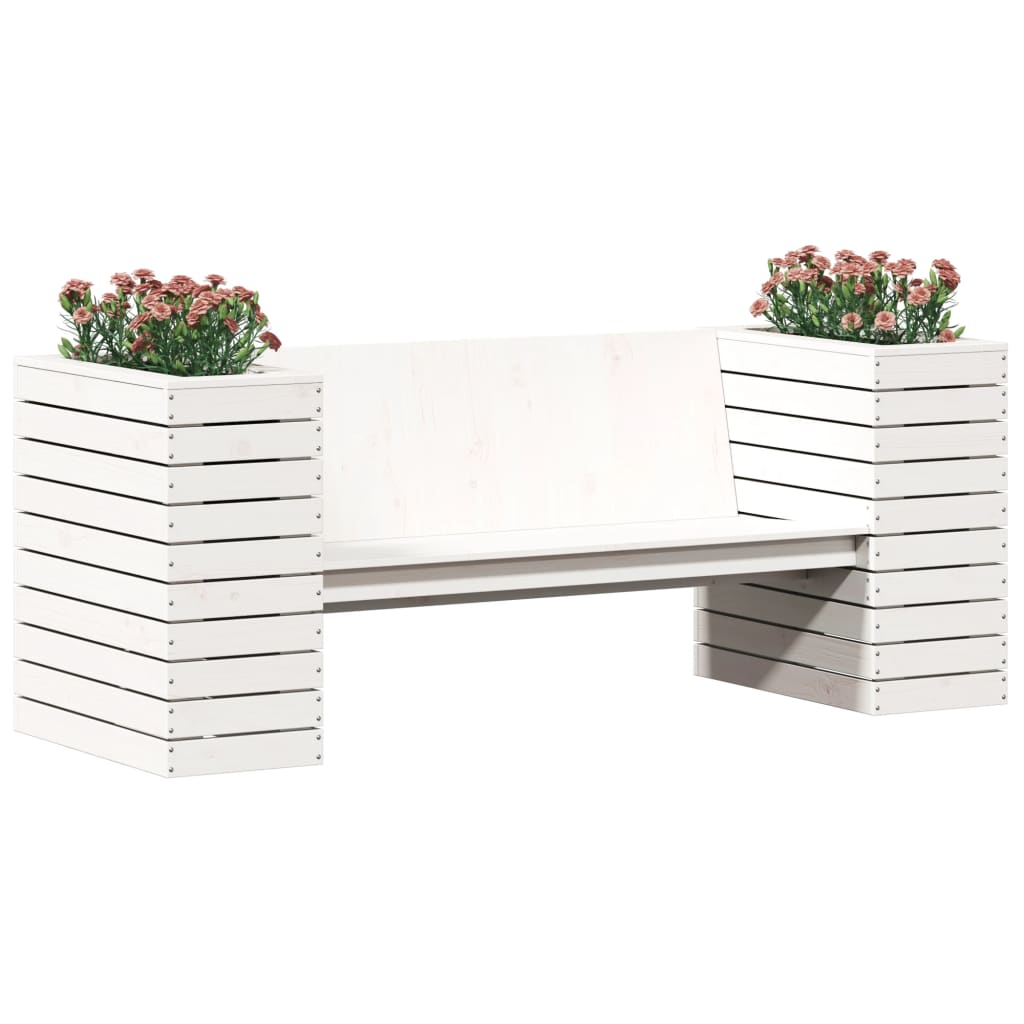 Bench with white planters 167.5x60x65 cm solid pine wood