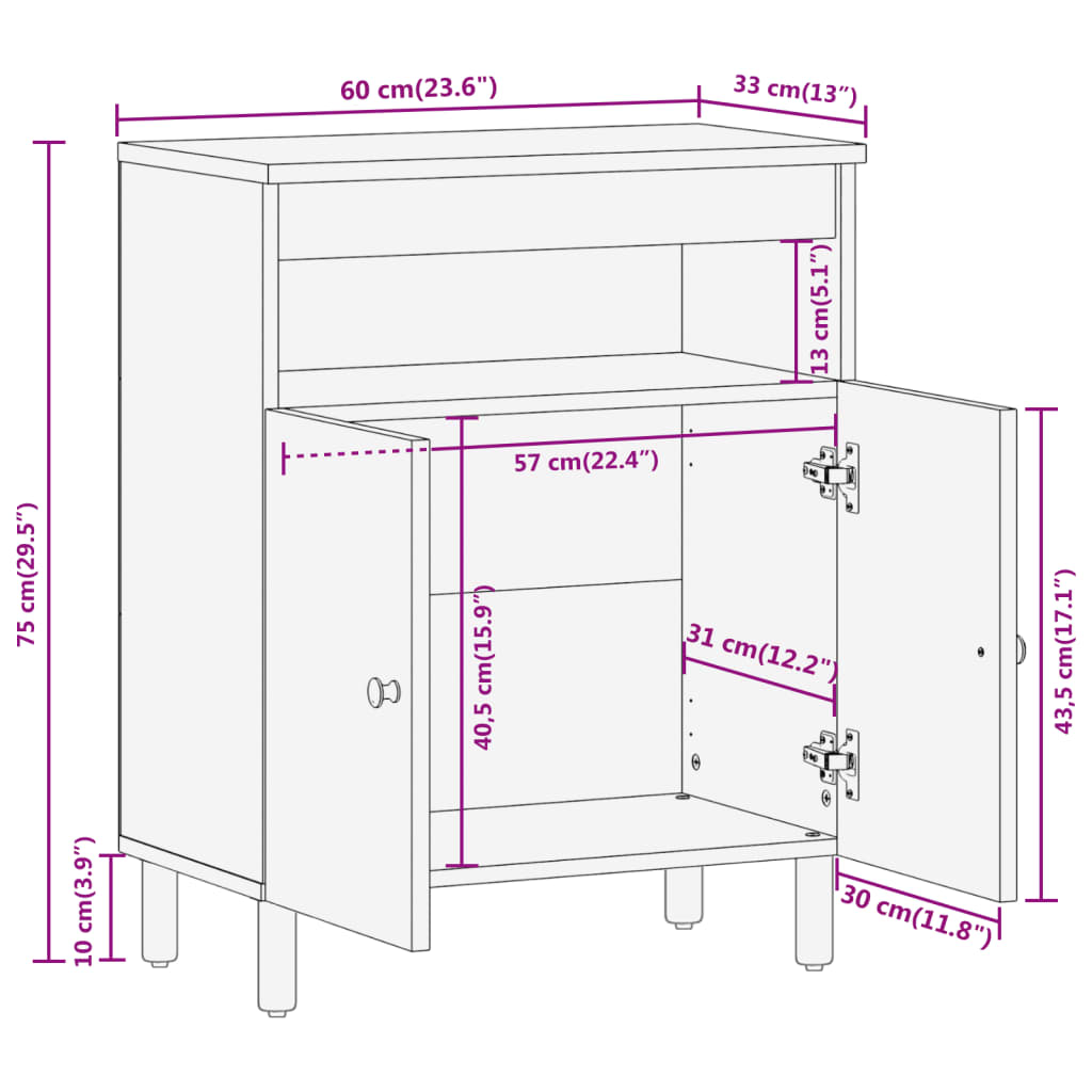 Cabina statale 60x333x75 cm Legno di mango solido