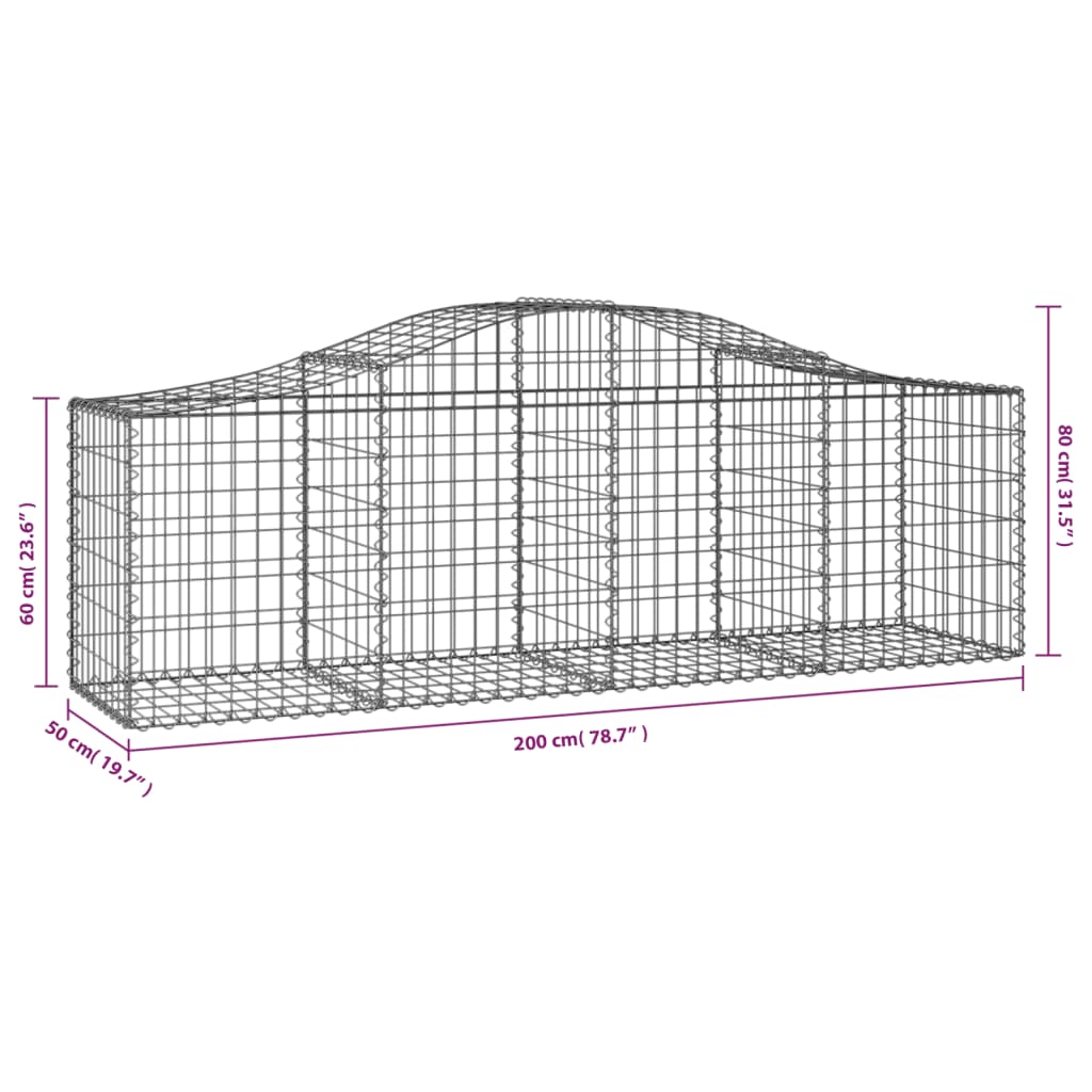 Paniers à gabions arqués 25 pcs 200x50x60/80 cm fer galvanisé