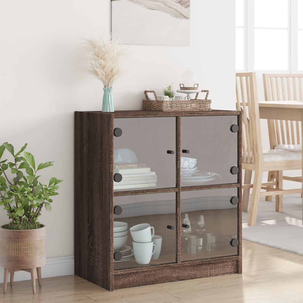 Armadio laterale con porte di vetro in rovere marrone 68x37x75,5 cm