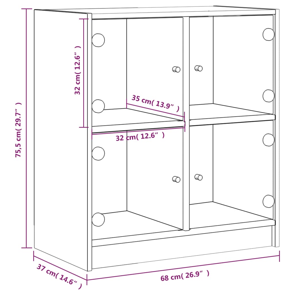 Armadio laterale con porte di vetro in rovere marrone 68x37x75,5 cm