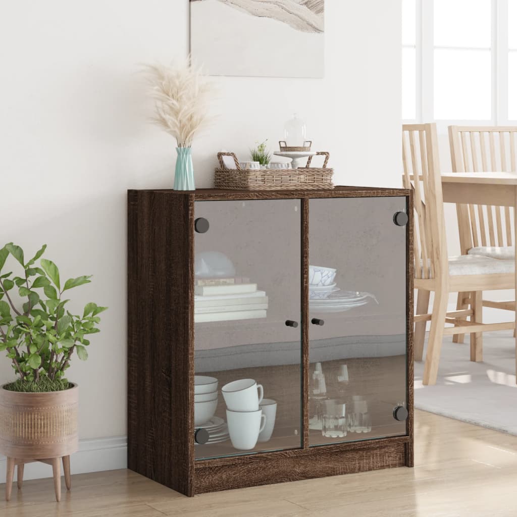 Armadio laterale con porte di vetro in rovere marrone 68x37x75,5 cm