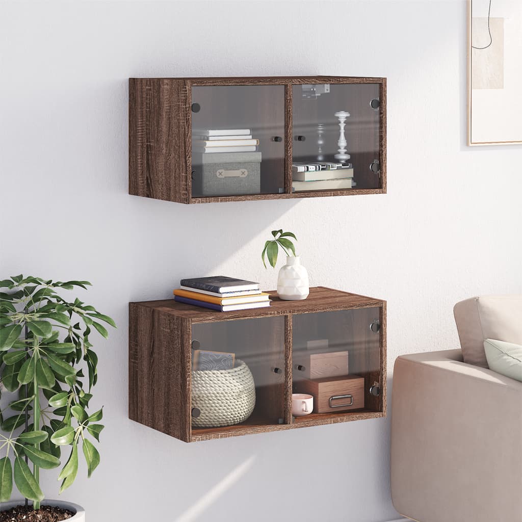 Wall cabinets glass doors 2 pcs brown oak 68.5x37x35cm