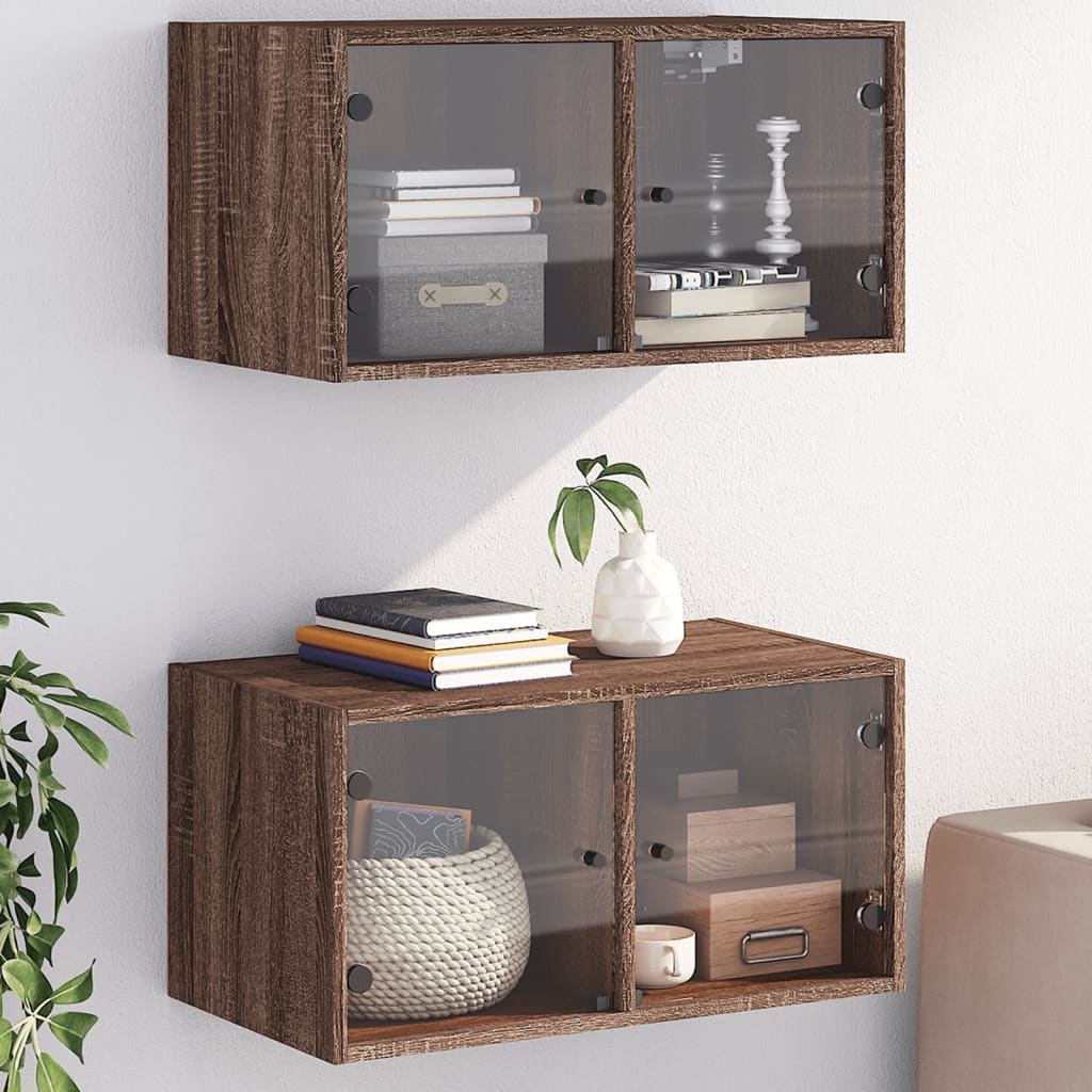 Wall cabinets glass doors 2 pcs brown oak 68.5x37x35cm
