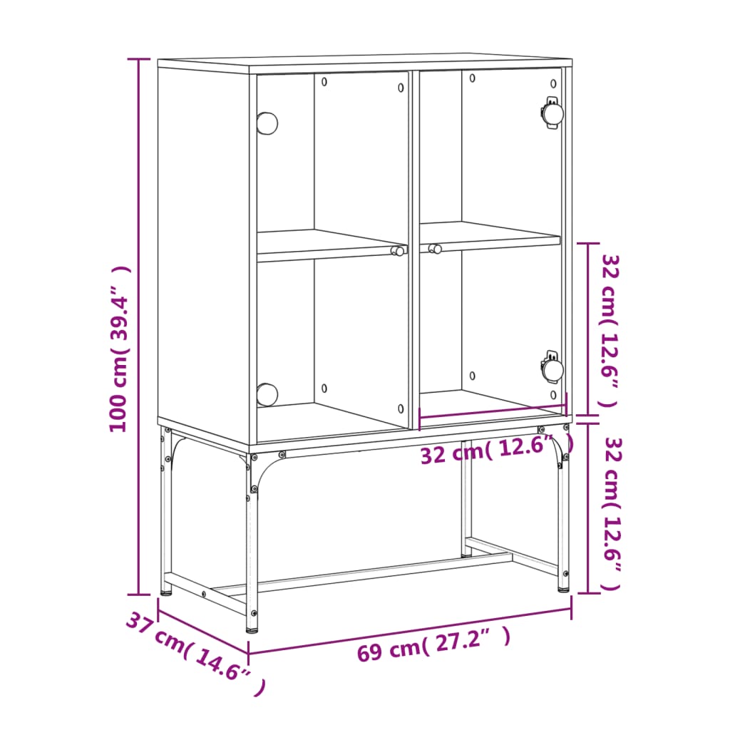 Armadio laterale con porte di vetro grigio in cemento 69x37x100 cm