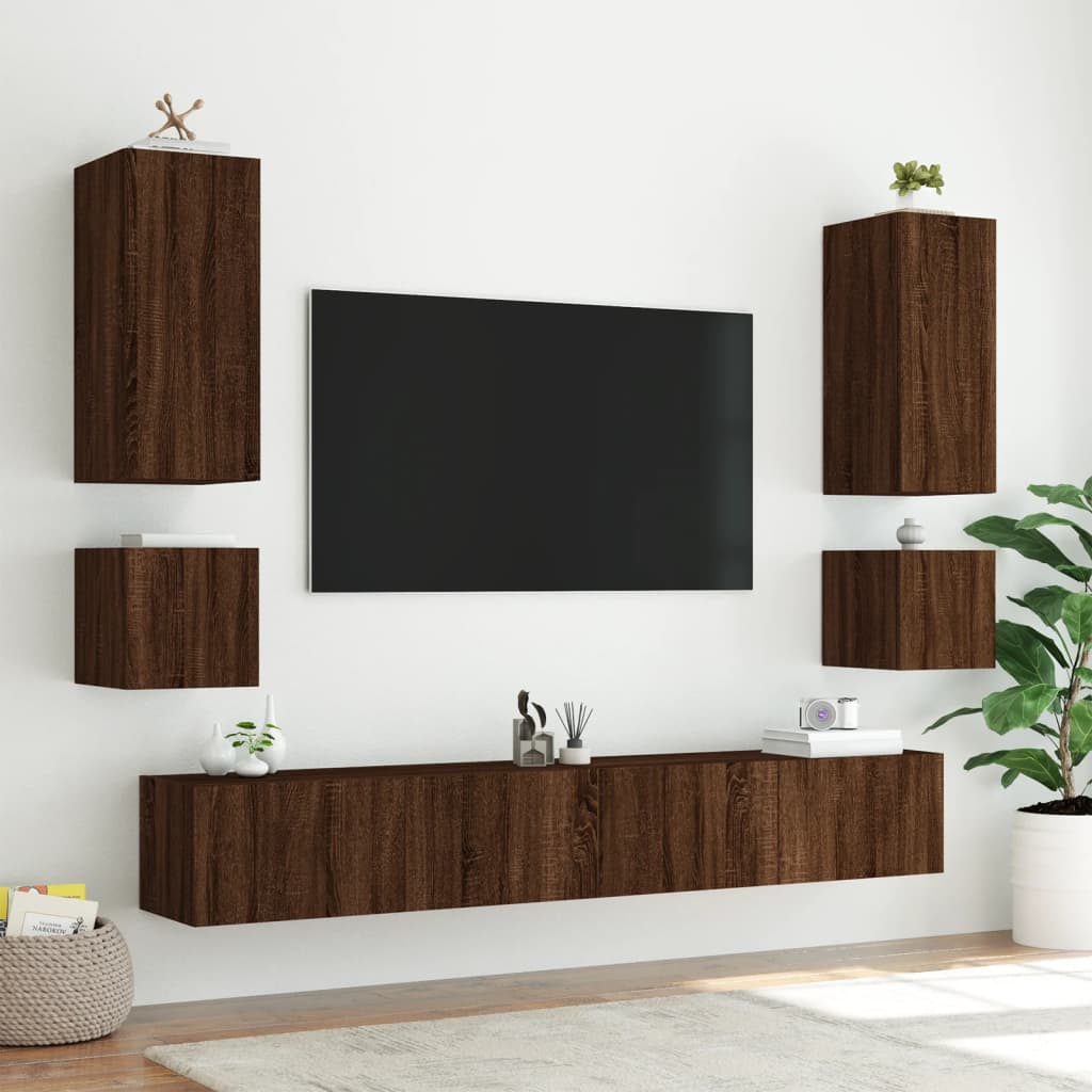 Meuble TV mural avec lumières LED chêne marron 40,5x35x40 cm