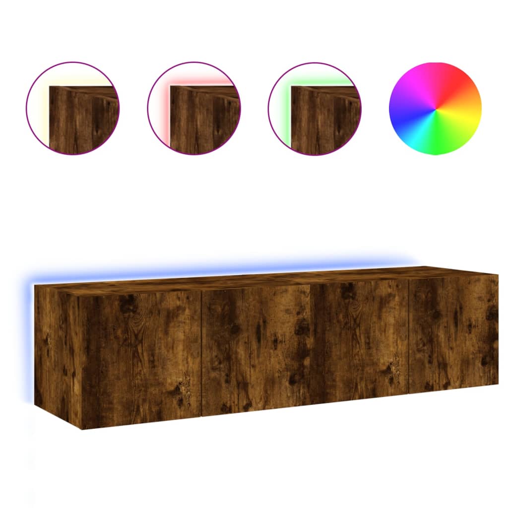Meubles TV muraux et lumières LED 2pcs chêne fumé 60x35x31 cm