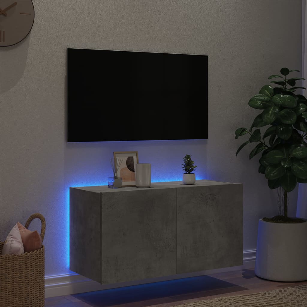 Meuble TV mural avec lumières LED gris béton 80x35x41 cm