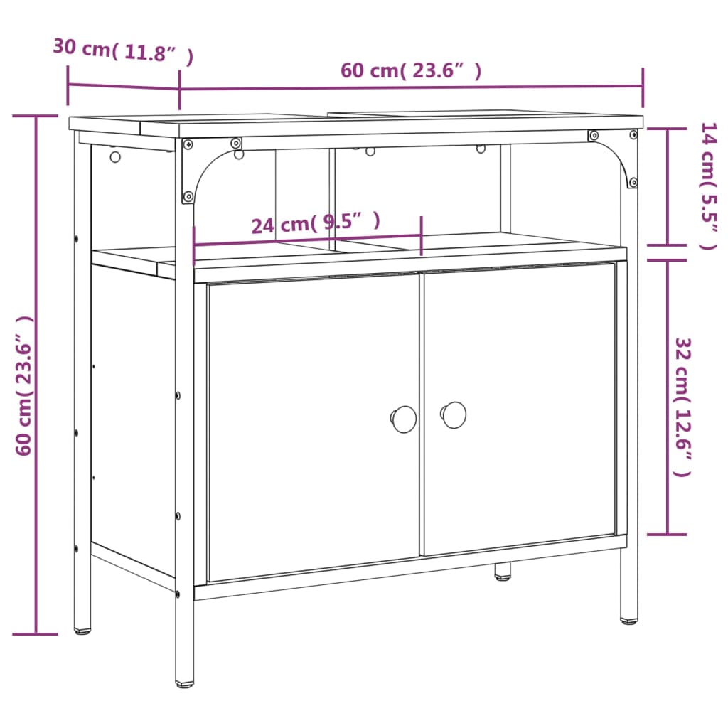 Lavandino per bagno in quercia fumo 60x30x60 cm