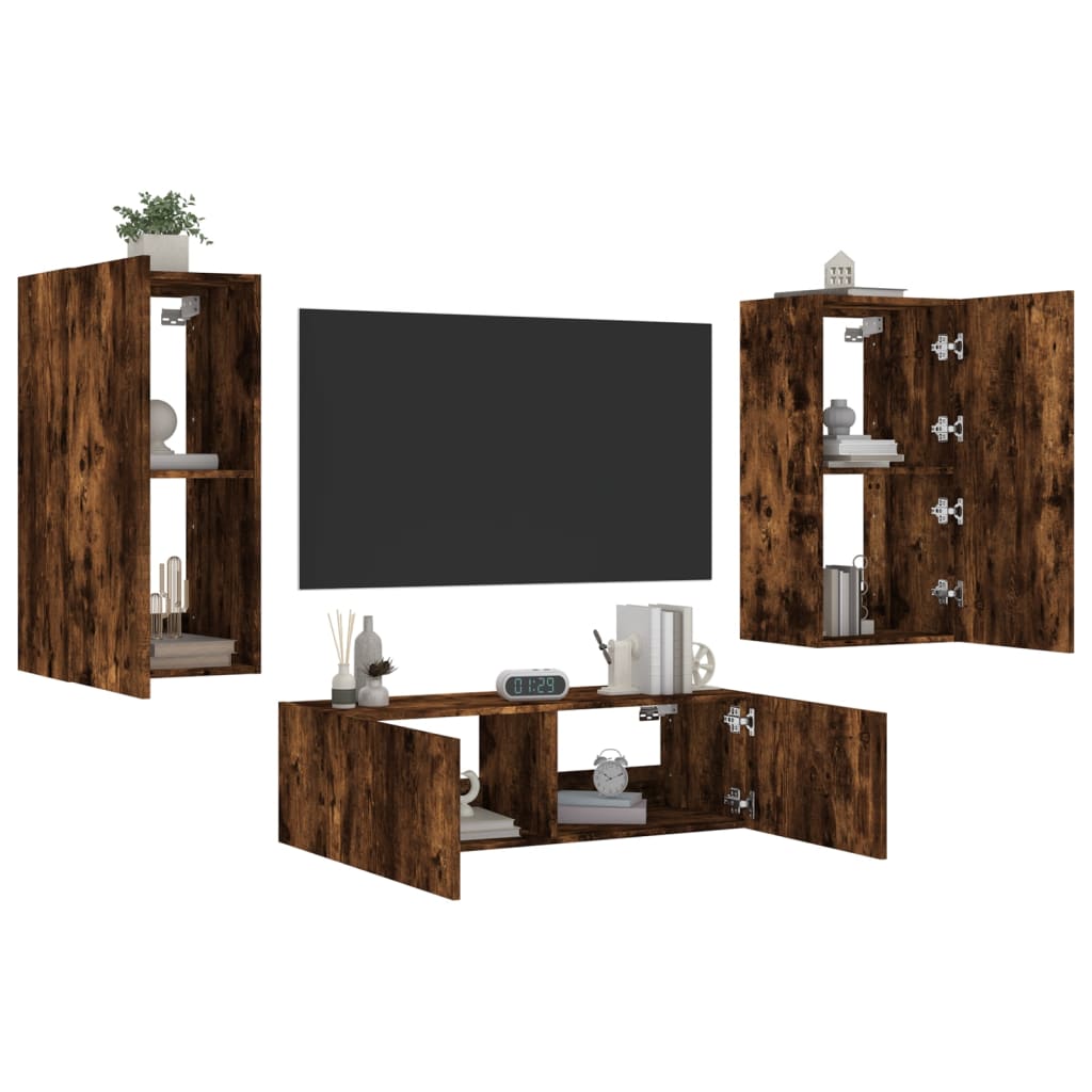 Meuble TV mural 3 pcs avec lumières LED chêne fumé