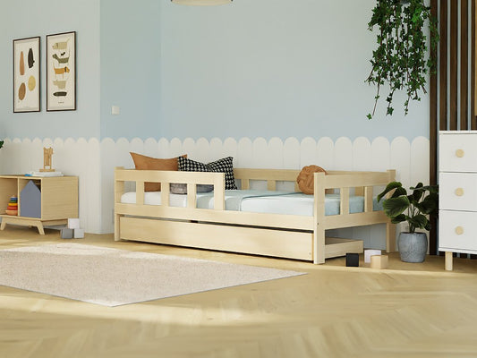 Children's bed with evolutionary fense drawer