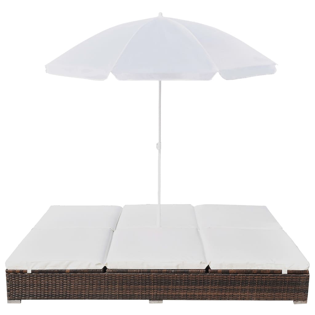 Chaise longue transat double d'extérieur avec parasol Résine tressée Marron