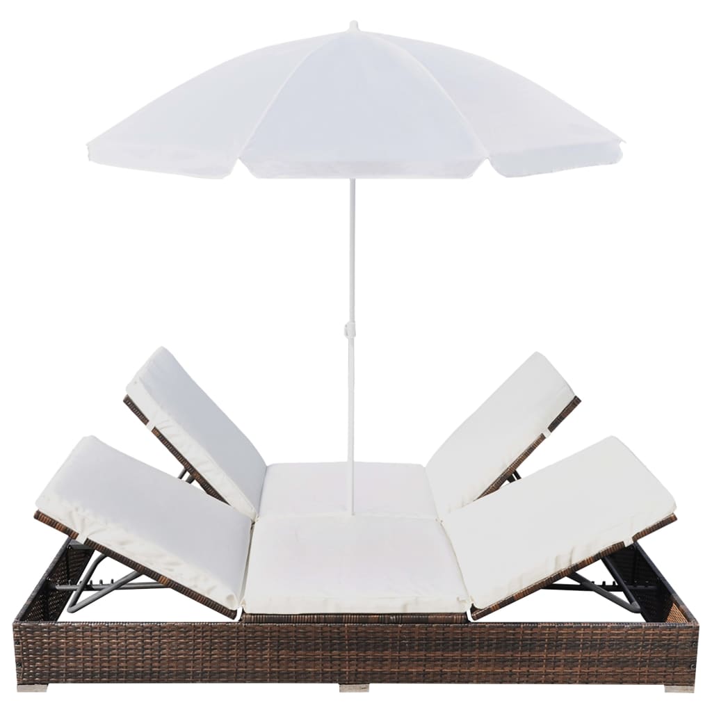 Chaise longue transat double d'extérieur avec parasol Résine tressée Marron