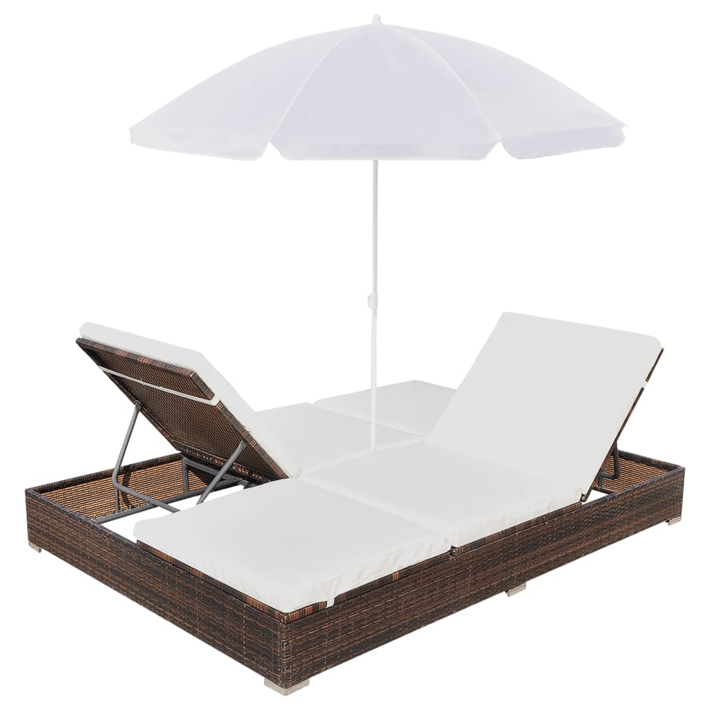 Chaise longue transat double d'extérieur avec parasol Résine tressée Marron