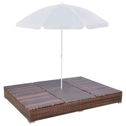 Chaise longue transat double d'extérieur avec parasol Résine tressée Marron