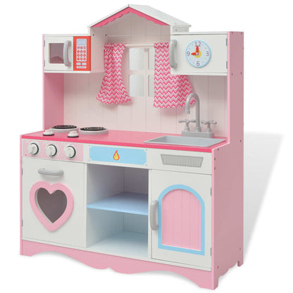 Cozinha de brinquedo de madeira de madeira rosa e branca