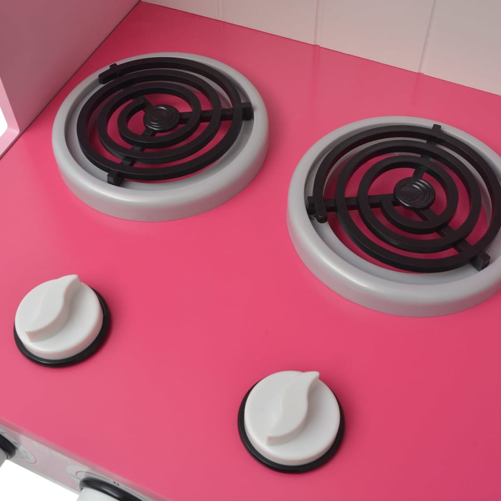 Cozinha de brinquedo de madeira de madeira rosa e branca