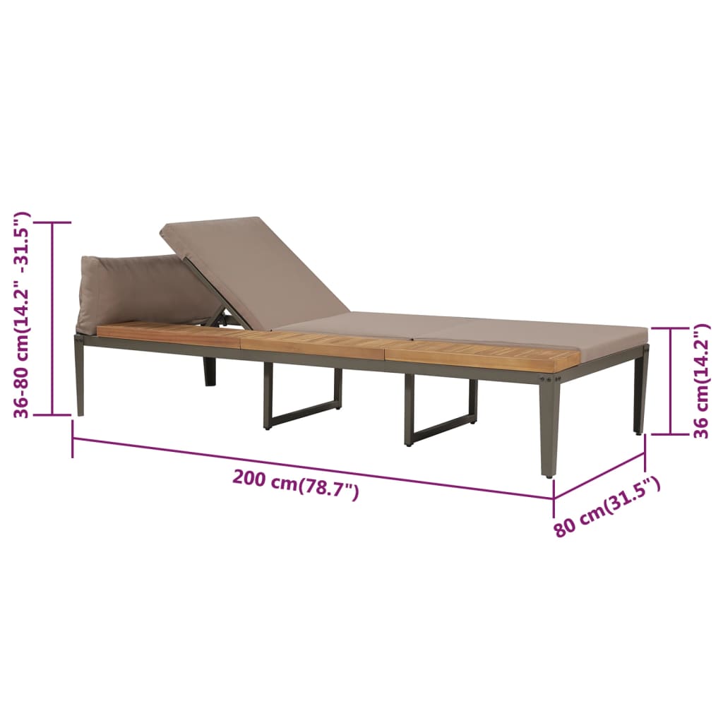 Silla larga con cojines de madera de acacia marrón sólida