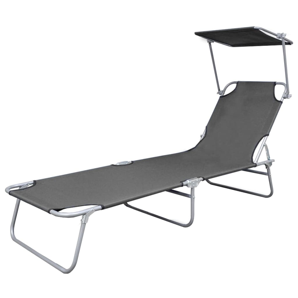 Silla larga plegable con toldo de acero gris