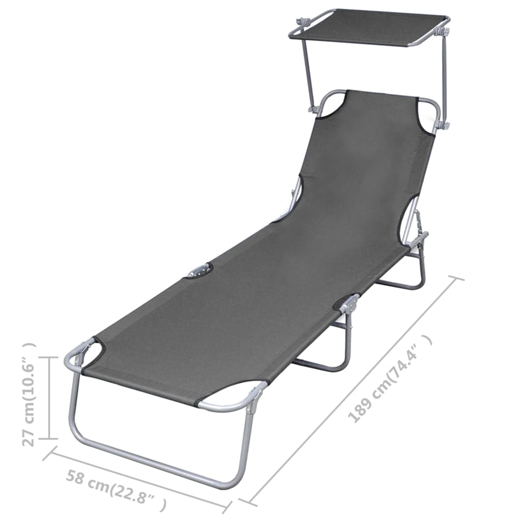Silla larga plegable con toldo de acero gris