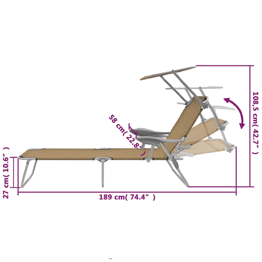 Silla larga plegable con toldo de acero topo
