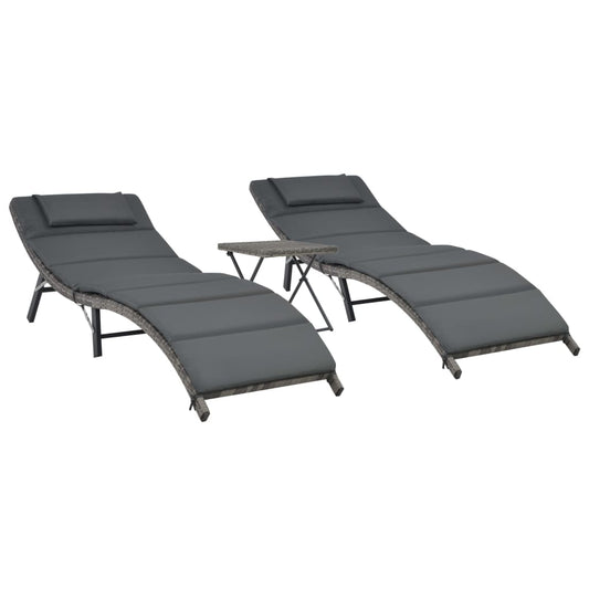 Ensemble de chaises longues pliables 3 pcs Résine tressée Gris
