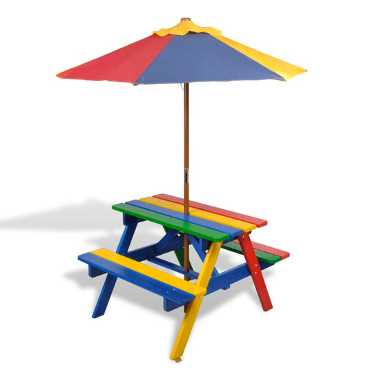 Tavolo da picnic e panchine con parasole per bambini in legno