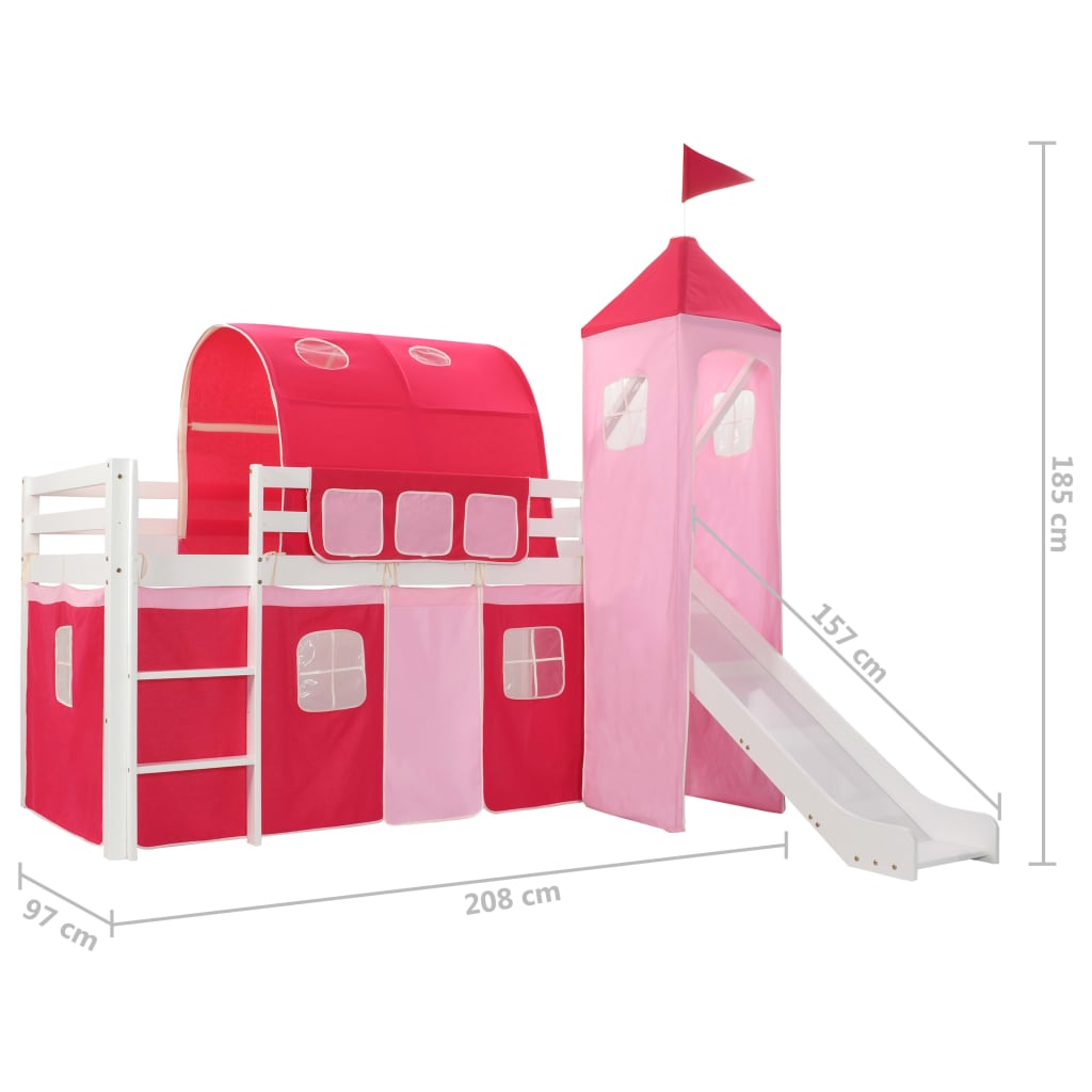 Lit mezzanine enfant avec toboggan et habillage MEGAN Pin 90X200cm