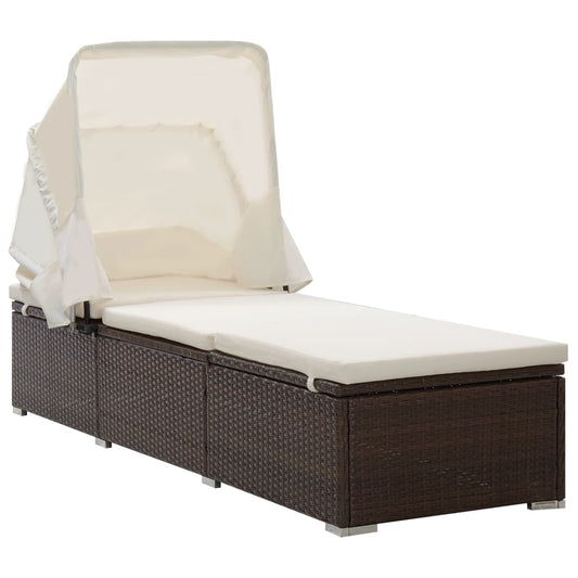 Silla larga con toldo y cojín de resina trenzado marrón