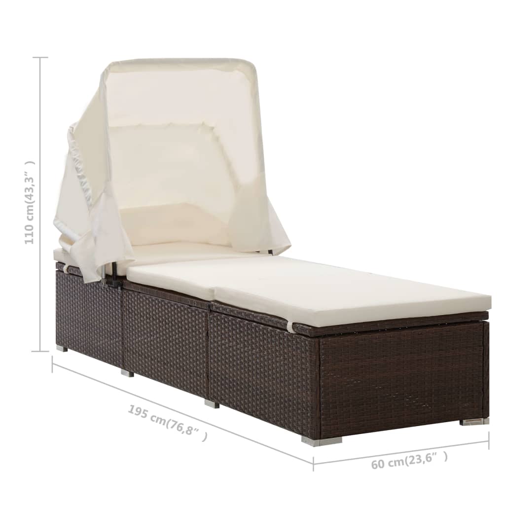 Silla larga con toldo y cojín de resina trenzado marrón