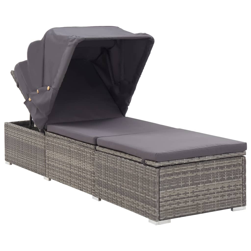 Silla larga con toldo y cojín de resina trenzado gris