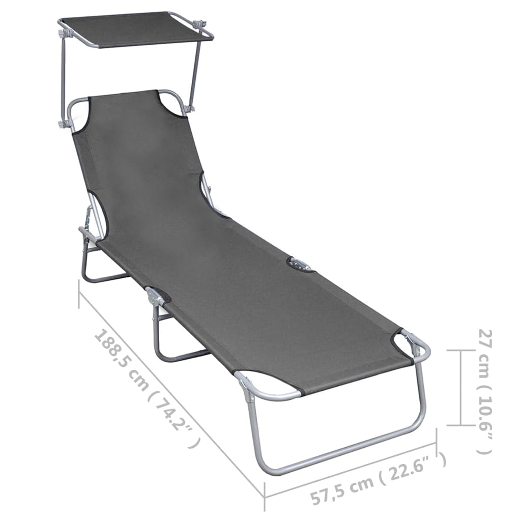Silla larga plegable con toldo gris de aluminio