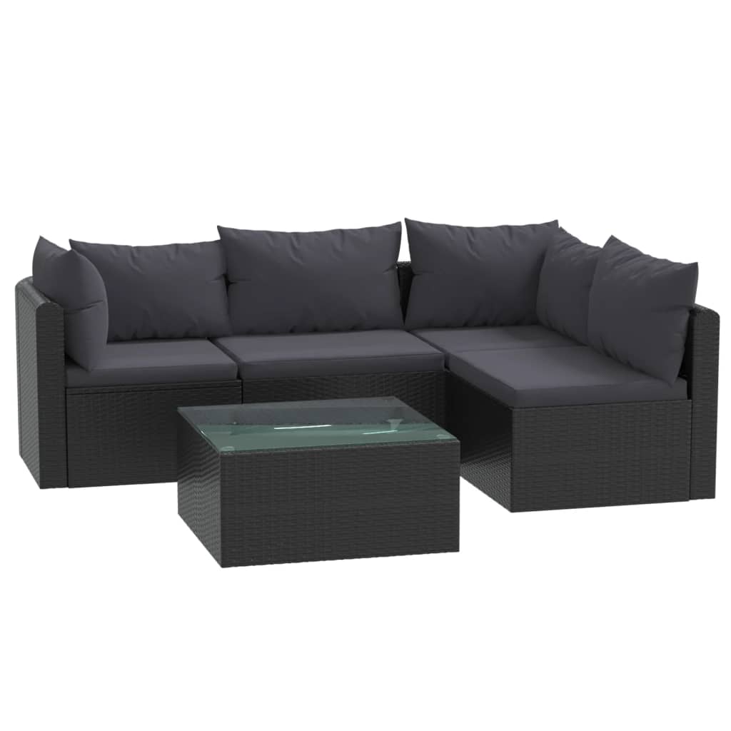 5 pezzi mobili da giardino con cuscini in resina intrecciata nera