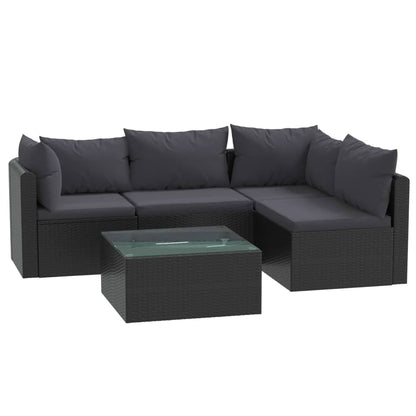 5 pezzi mobili da giardino con cuscini in resina intrecciata nera