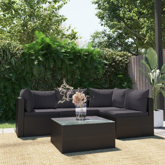 5 pezzi mobili da giardino con cuscini in resina intrecciata nera