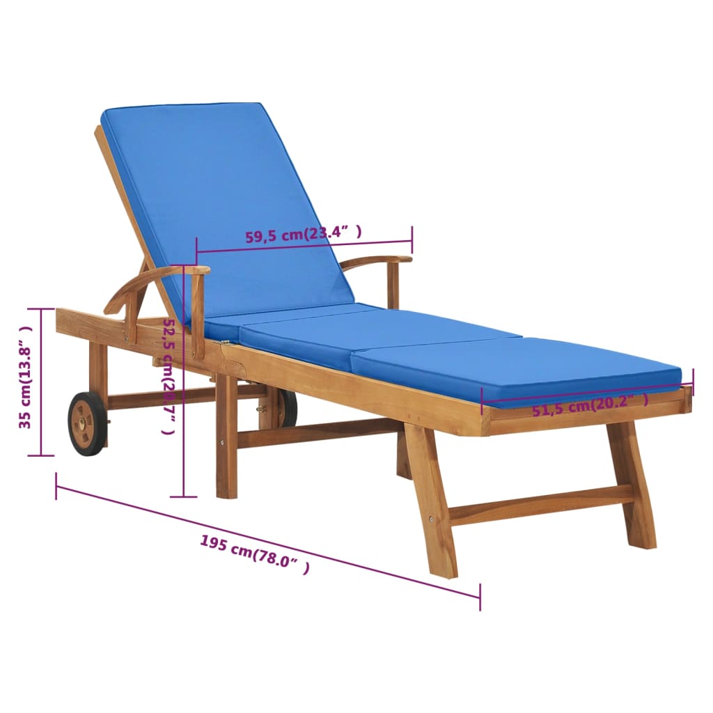 Silla larga con cojín de madera de teca azul sólido