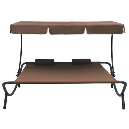 Cama de descanso ao ar livre com toldo e travesseiros marrons