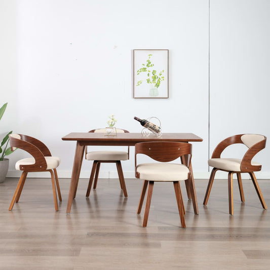 Sedie da pranzo a 4 crema in legno curva e pelle di imitazione