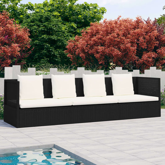 Cama de jardim com almofada e travesseiros de resina trançada preta