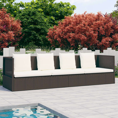 Lit de jardin avec coussin et oreillers Résine tressée Marron