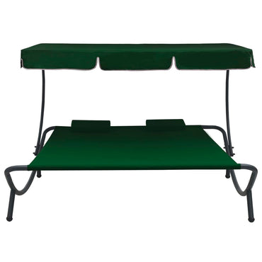 Cama de descanso ao ar livre com toldo e travesseiros verdes