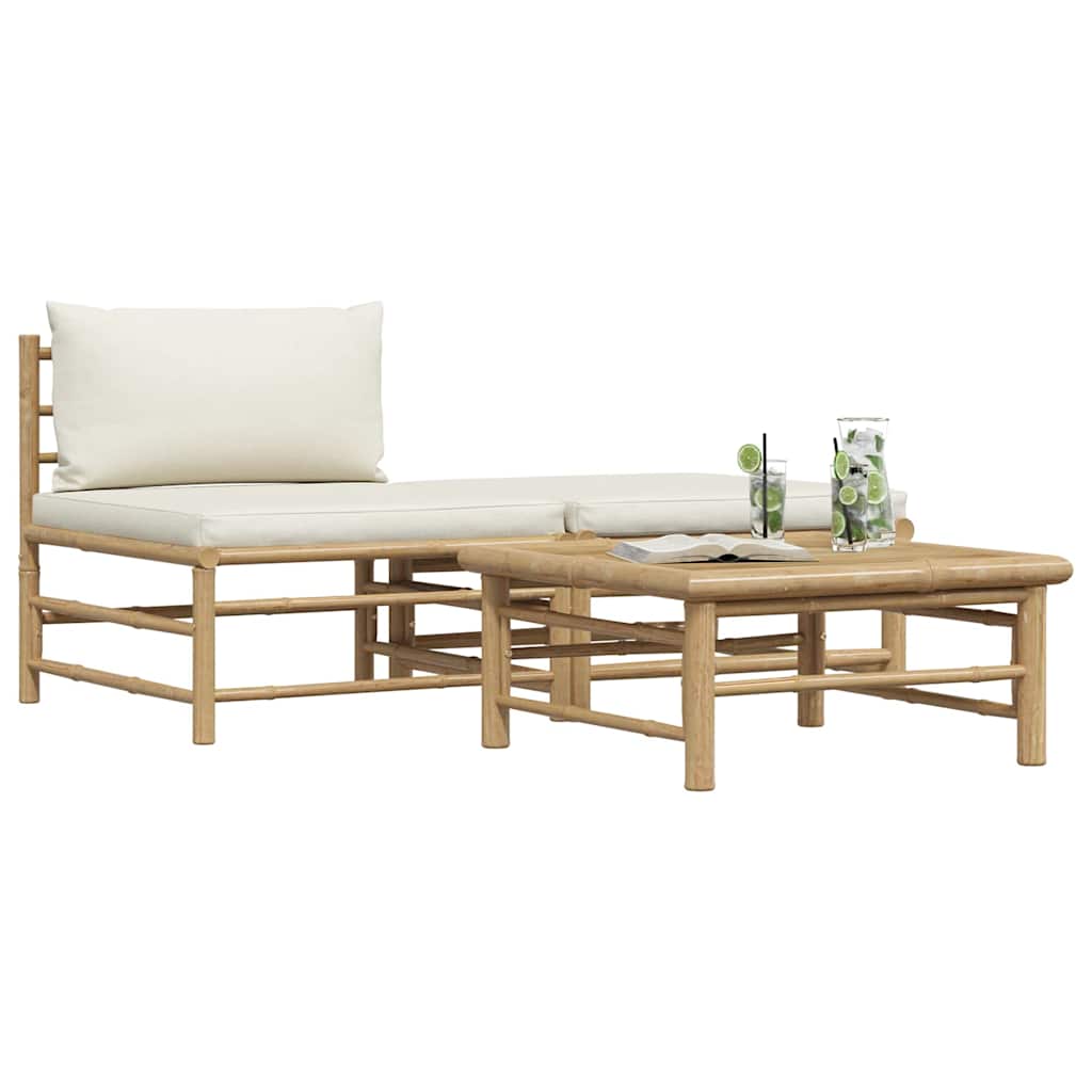 Salon de jardin 3 pcs avec coussins blanc crème Bambou