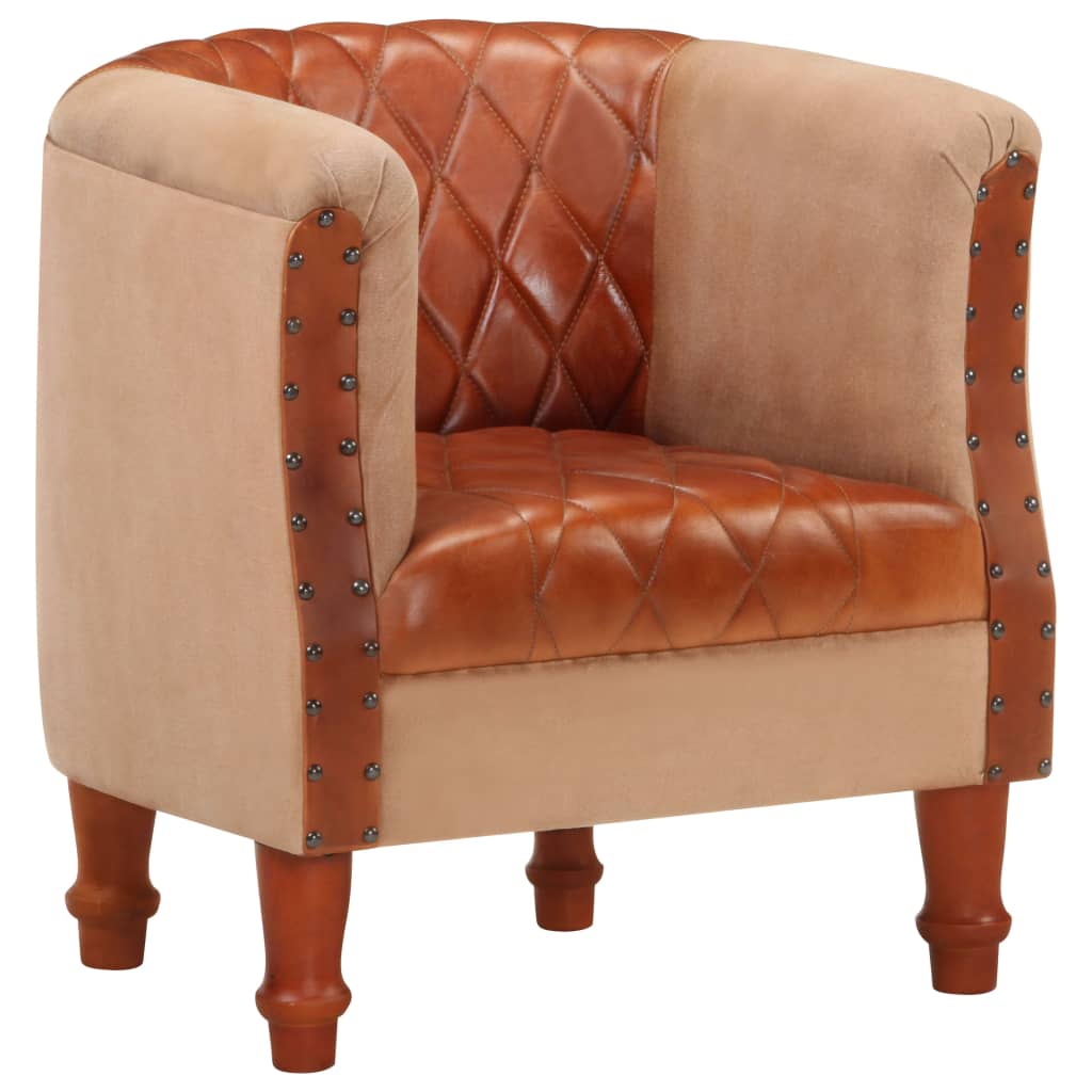 Fauteuil Marron Cuir véritable et bois de manguier massif