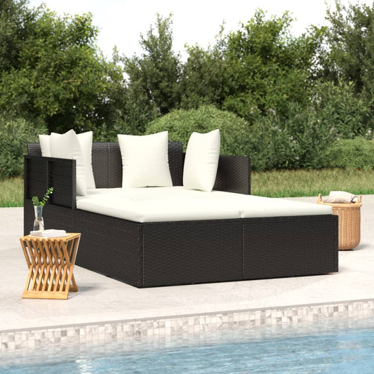 Sedia lunga con cuscini neri 182x118x63 cm resina intrecciata