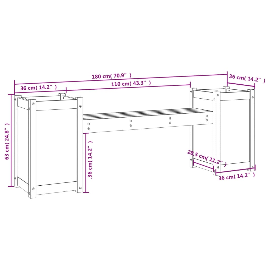 Bench with white planters 180x36x63 cm solid pine wood